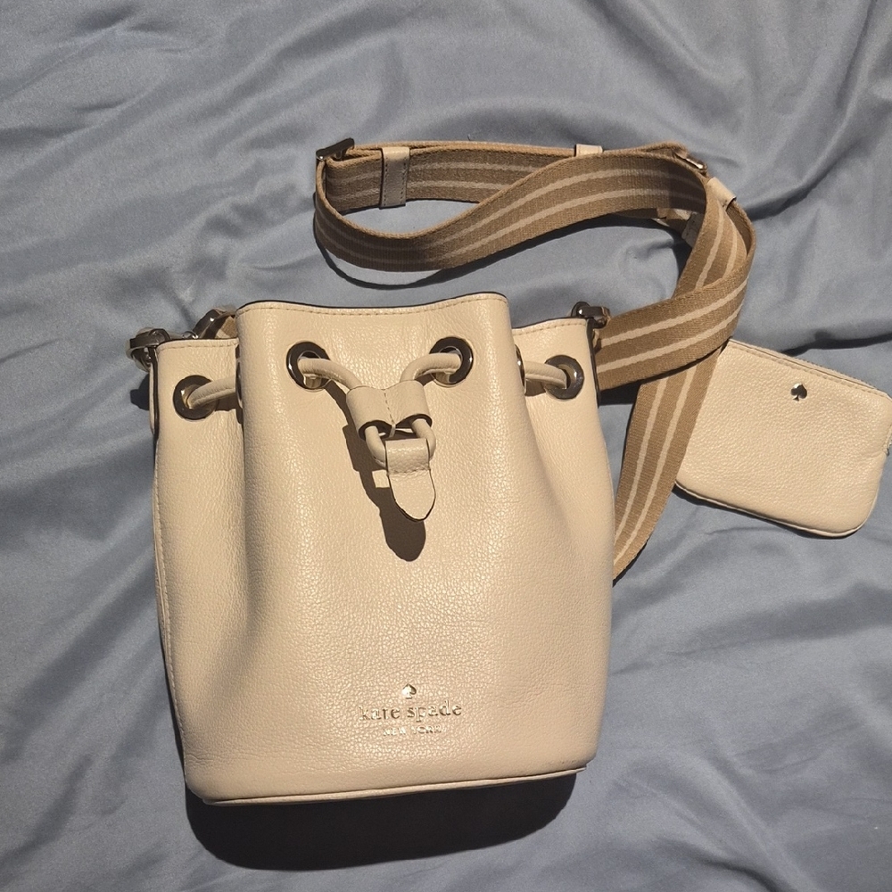 kate spade Cream Leather Drawstring Bucket Crossbody with Striped Tan Strap
